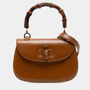 Pre Owned Gucci Brown Small Grained Calfskin Bamboo Top Handle Bag
