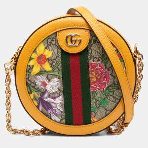 Pre Owned Gucci Brown/Orange Mini GG Supreme Flora Ophidia Round Crossbody