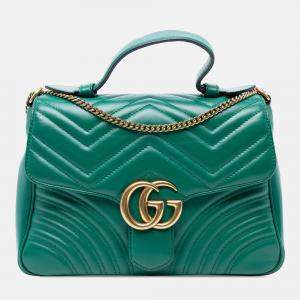 Pre Owned Gucci Green Small GG Marmont Matelasse Leather Top Handle Bag