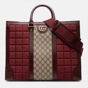 Pre Owned Gucci Burgundy Medium GG Supreme and Quilted Mini GG Canvas Double G Tote