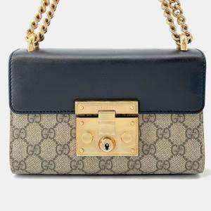 Pre Owned Gucci GG Supreme Padlock Chain shoulder Bag Beige/Black Gg Supreme Leather Size Small