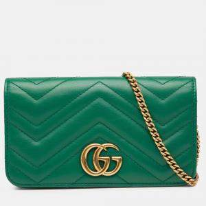 Pre Owned Gucci Green Mini GG Marmont Matelasse Leather Wallet On Chain