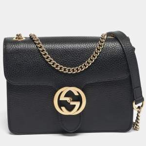 Pre Owned Gucci Black Leather Dollar Interlocking G Shoulder Bag