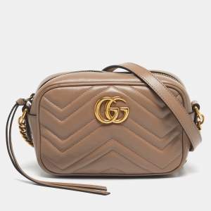 Pre Owned Gucci Beige Matelassé Leather Mini GG Marmont Camera Bag