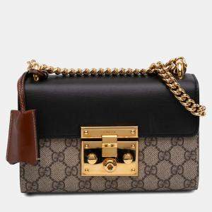 Pre Owned Gucci Beige Black Small GG Supreme Padlock Crossbody