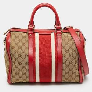 Pre Owned Gucci Joy Medium Red GG Canvas and Leather Boston Bag