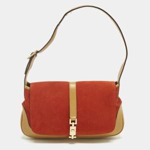 Pre Owned Gucci Jackie O Flap Tan/Orange Leather and Suede Shoulder Bag