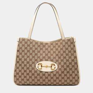 مملوكة مسبقًا Gucci Brown White Medium GG Canvas Horsebit 1955 Tote