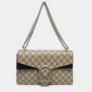 Pre Owned Gucci Black/Beige GG Supreme Canvas and Suede Small Dionysus Shoulder Bag