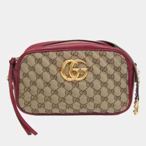 Pre Owned Gucci Beige/Red Leather GG Canvas Marmont Small Camera Shoulder Bag