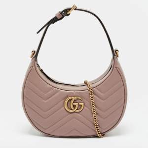 Pre Owned Gucci GG Marmont Small Rose Poudre Matelassé Leather Hobo