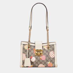 مملوكة مسبقًا Gucci Brown Small GG Supreme Apple Heart Padlock Tote