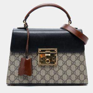 Pre Owned Gucci Black Brown Small GG Supreme Padlock Satchel