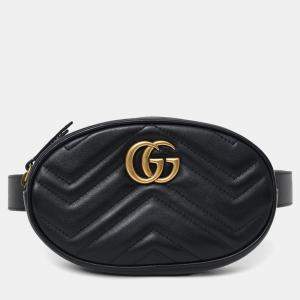 Pre Owned Gucci Black Leather Quilted 'GG' Marmont Belt Bag Size 75