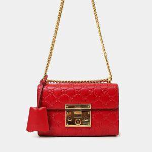 Pre Owned Gucci Red Leather Guccissima Padlock Crossbody Bag