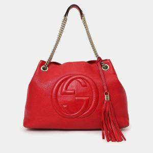 Pre Owned Gucci Red Leather 'Soho' Chain Tote Bag