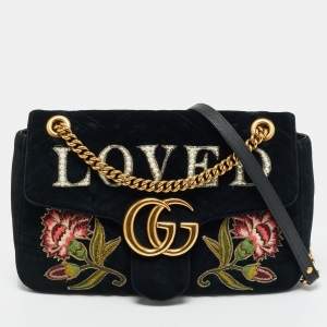 مملوكة مسبقًا Gucci GG Marmont Loved Embellished Large Black Matelassé Velvet Shoulder Bag
