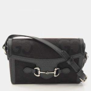 Pre Owned Gucci Horsebit 1955 Jumbo GG Black Canvas Leather Shoulder Bag 