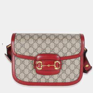 Pre Owned Gucci Cherry Red Beige GG Supreme Azalea Calfskin Horsebit 1955 Shoulder Bag