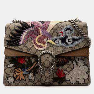 Pre Owned حقيبة كتف غوتشي ديونيسوس متوسطة GG سوبريم بنية ومطرزة بالطيور والأزهار