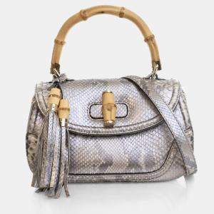 Pre Owned Gucci Medium Python Bamboo Top Handle Bag