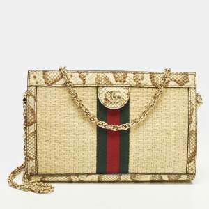 مملوكة مسبقًا Gucci Ophidia Medium Cream Raffia and Python Shoulder Bag