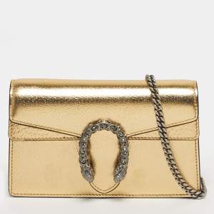 Pre Owned Gucci Crystal Dionysus Super Mini Gold Leather Shoulder Bag