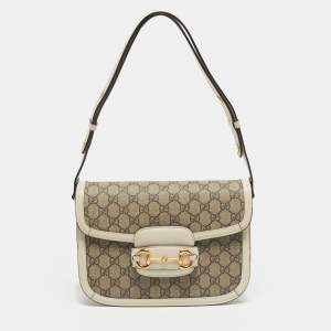 Pre Owned Gucci Horsebit 1955 Medium White/Beige GG Supreme Canvas Flap Shoulder Bag