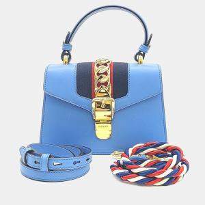 مملوكة مسبقًا حقيبة يد وكروس بودي غوتشي سيلفي جلد أزرق ميني