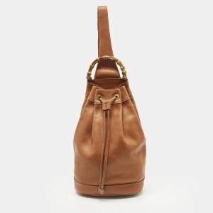 مملوكة مسبقًا Gucci Bamboo Brown Leather Drawstring Sling Backpack