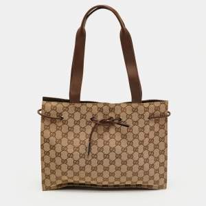 مملوكة مسبقًا Gucci Beige/Brown GG Canvas and Leather Drawstring Tote