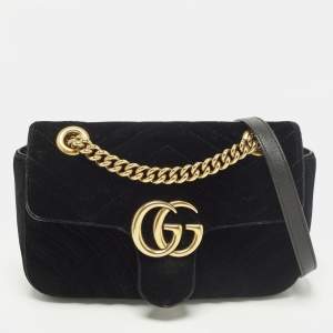 مملوكة مسبقًا Gucci GG Marmont Flap Mini Black Matelassé Velvet Shoulder Bag
