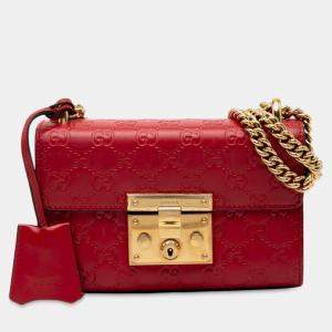 Pre Owned Gucci Red Small Guccissima Padlock Crossbody