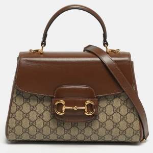 مملوكة مسبقًا Gucci Horsebit 1955 Brown/Beige GG Supreme Canvas and Leather Top Handle Bag