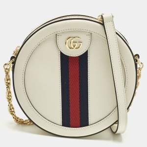 Pre Owned حقيبة كتف دائرية جلد أبيض عاجي غوتشي أوفيديا صغيرة