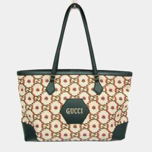 Pre Owned Gucci 100th Anniversary Model Canvas Leather Tote Bag Green Light Beige