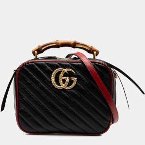 Pre Owned Gucci Black Small GG Marmont Matelasse Diagonal Leather Torchon Bamboo Satchel