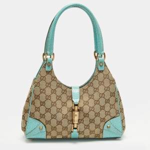 Pre Owned Gucci Jackie Turquoise Blue/Beige GG Canvas and Leather Tote