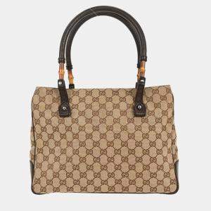 Pre Owned Gucci Brown Beige Bamboo Gg Tote Bag
