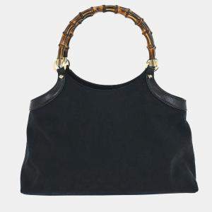 Pre Owned Gucci Black Bamboo Gg Tote Bag