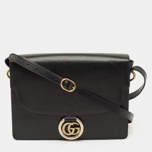 Pre Owned Gucci GG Ring Flap Black Leather Shoulder Bag