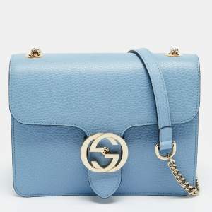 Pre Owned Gucci Dollar Interlocking G Small Light Blue Leather Shoulder Bag