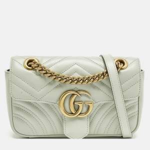 Pre Owned Gucci GG Marmont Flap Mini Light Green Matelassé Leather Shoulder Bag