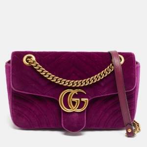 Pre Owned Gucci GG Marmont Flap Small Purple Matelasse Velvet Shoulder Bag