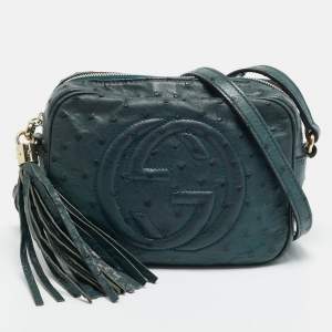 Pre Owned Gucci Soho Disco Camera Dark Green Ostrich Crossbody Bag