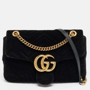 مملوكة مسبقًا Gucci GG Marmont Flap Medium Black Matelassé Velvet Shoulder Bag