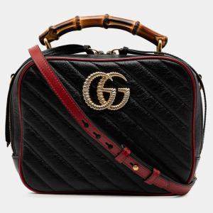 Pre Owned Gucci Black Small GG Marmont Matelasse Diagonal Leather Torchon Bamboo Satchel