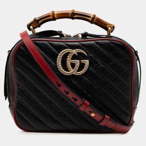 Pre Owned Gucci Black Small GG Marmont Matelasse Diagonal Leather Torchon Bamboo Satchel