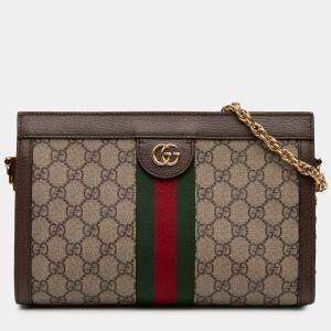 Pre Owned Gucci Brown Small GG Supreme Web Ophidia Chain Crossbody