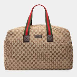 Pre Owned Gucci Brown GG Canvas Web Travel Bag